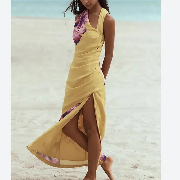 NWT By Anthropologie Asymmetrical Linen Maxi Dress Floral S New!